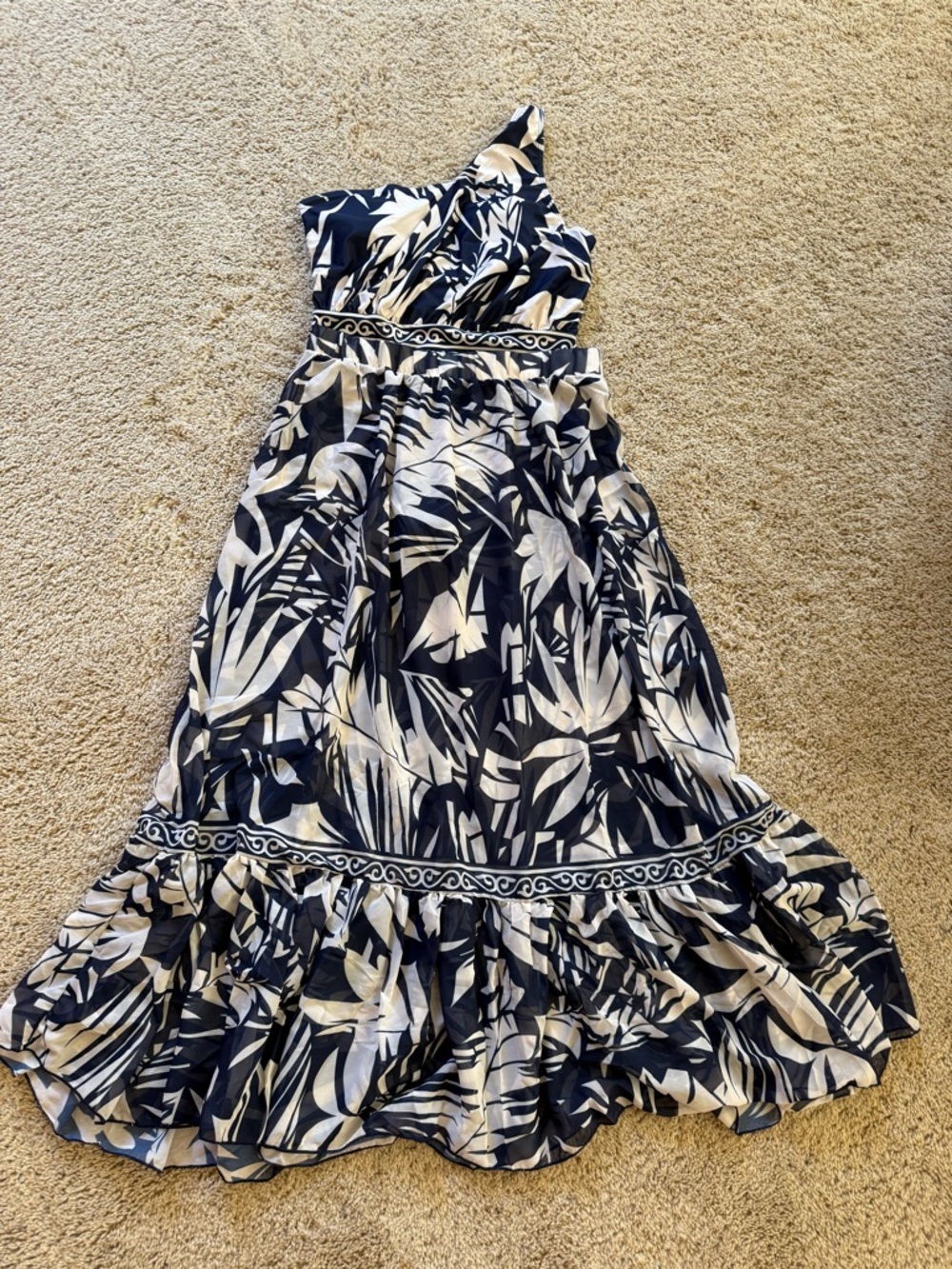 One-Shoulder Navy and White Tropical One Piece Swim Suit and Skirt